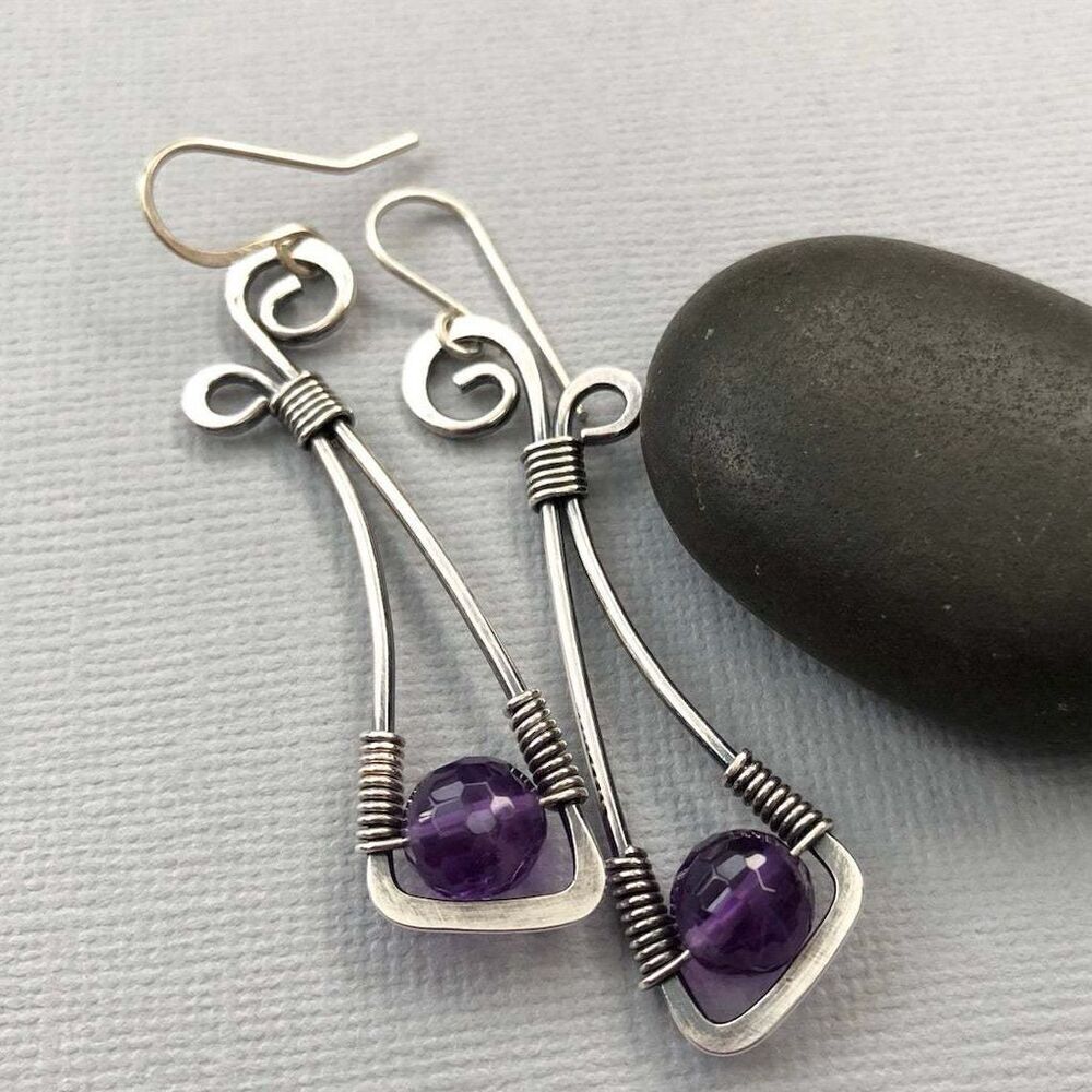 Fun Whimsical Curved Silver Tone Long Dangle Earrings Purple Beaded Bow Knot
